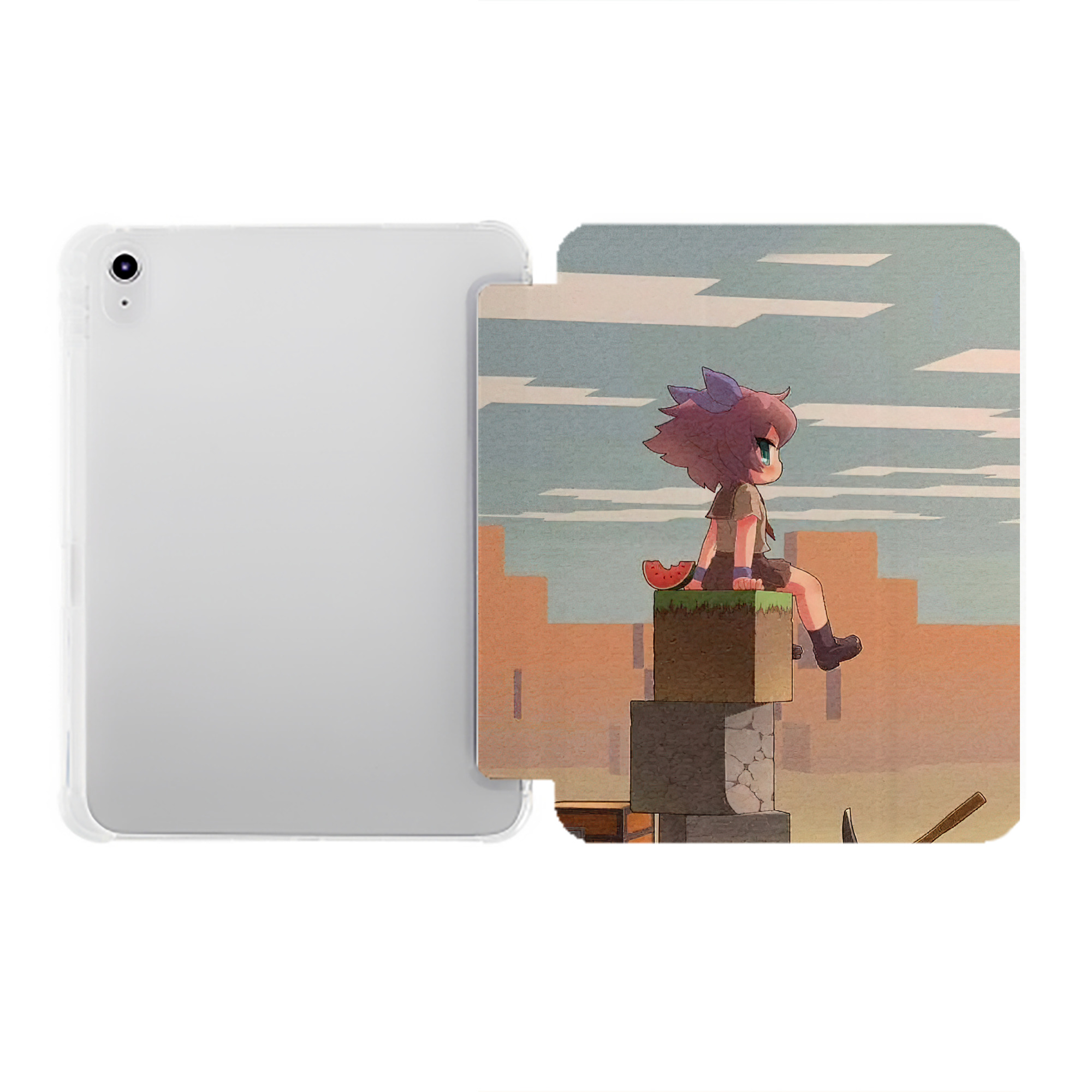（画像用） マインクラフト ブロックの世界 Minecraft MC Block world IPad ケース ペン収納付き 三つ折りスタンド PUレザー×シリコン 対応機種9.5/10.5/10.9インチ